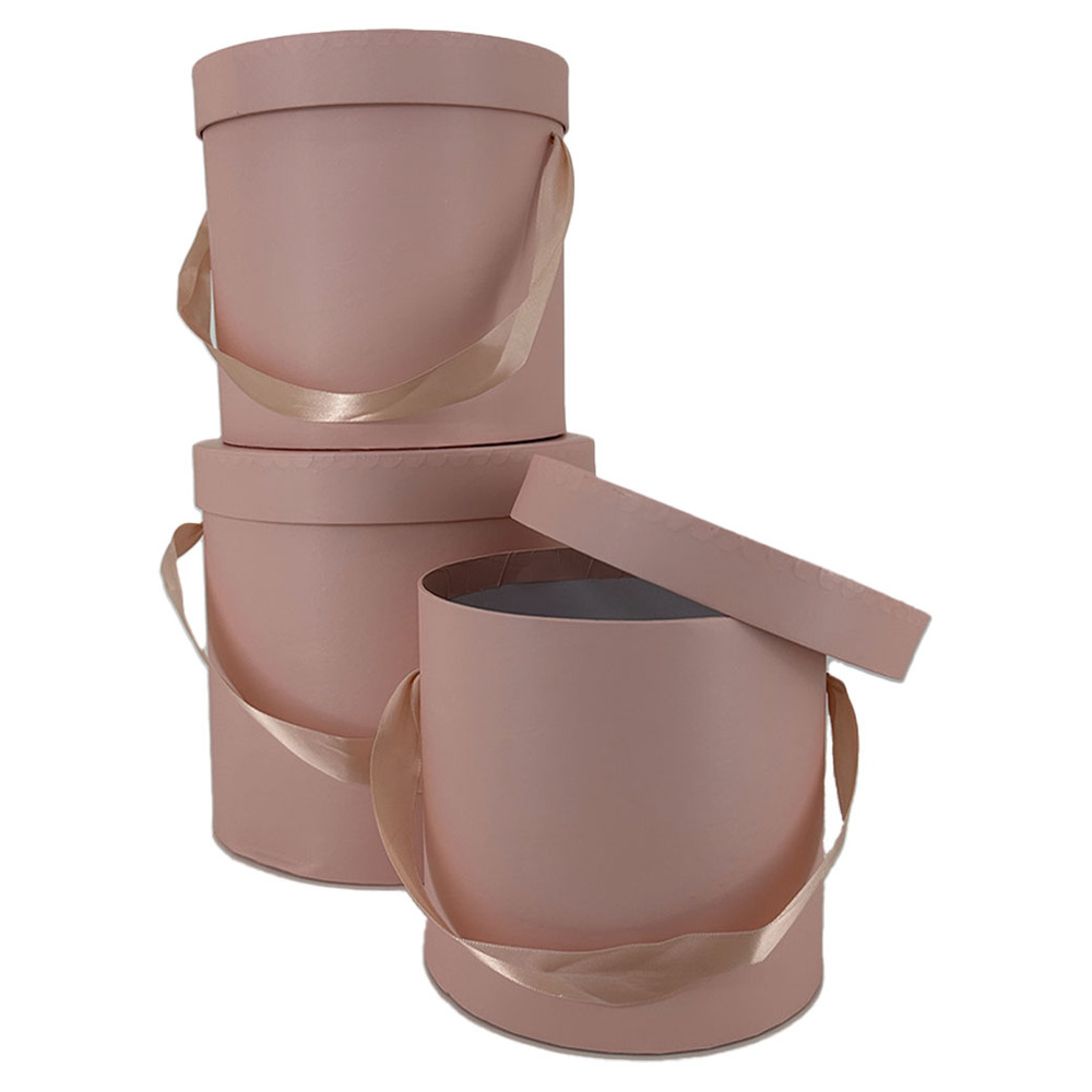 Коробка шляпная, D19,5хH19 см, D17,5хH17 см, D15,5хH15 см, набор (3 шт), с крышкой, с ручкой Светло- Светло-розовый