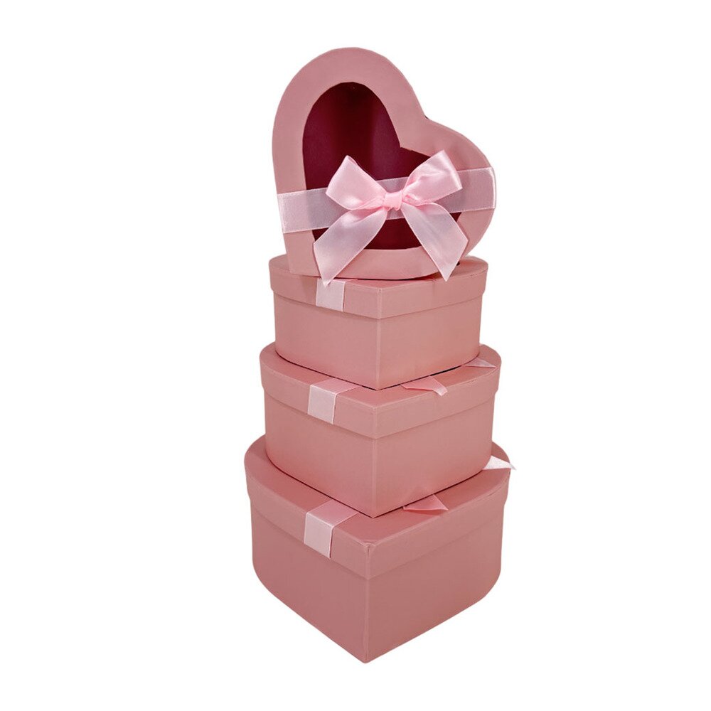 Коробка подарочная "Сердце с бантом", 21x19xH9 см - 15,5x14xH5,5 см, набор (4 шт), с окном Розовый