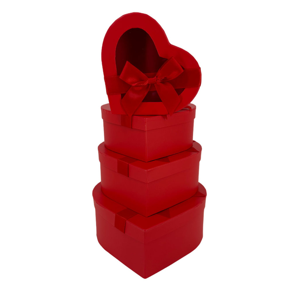 Коробка подарочная "Сердце с бантом", 21x19xH9 см - 15,5x14xH5,5 см, набор (4 шт), с окном Красный