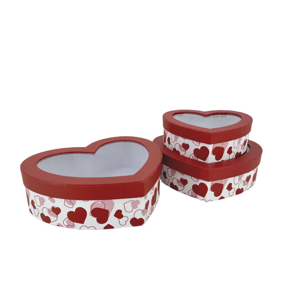 Коробка подарочная "Сердце", 22x18,5xH6,5 см - 15,5x14xH5 см, набор (3 шт), с окном Белый-красный