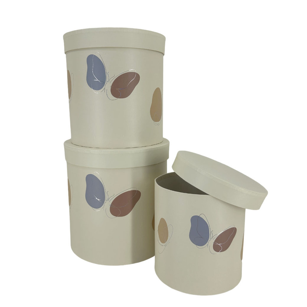 Коробка шляпная "Бабочки", D20xH20,5 см - D15xH15,5 см, набор (3 шт) Бежевый