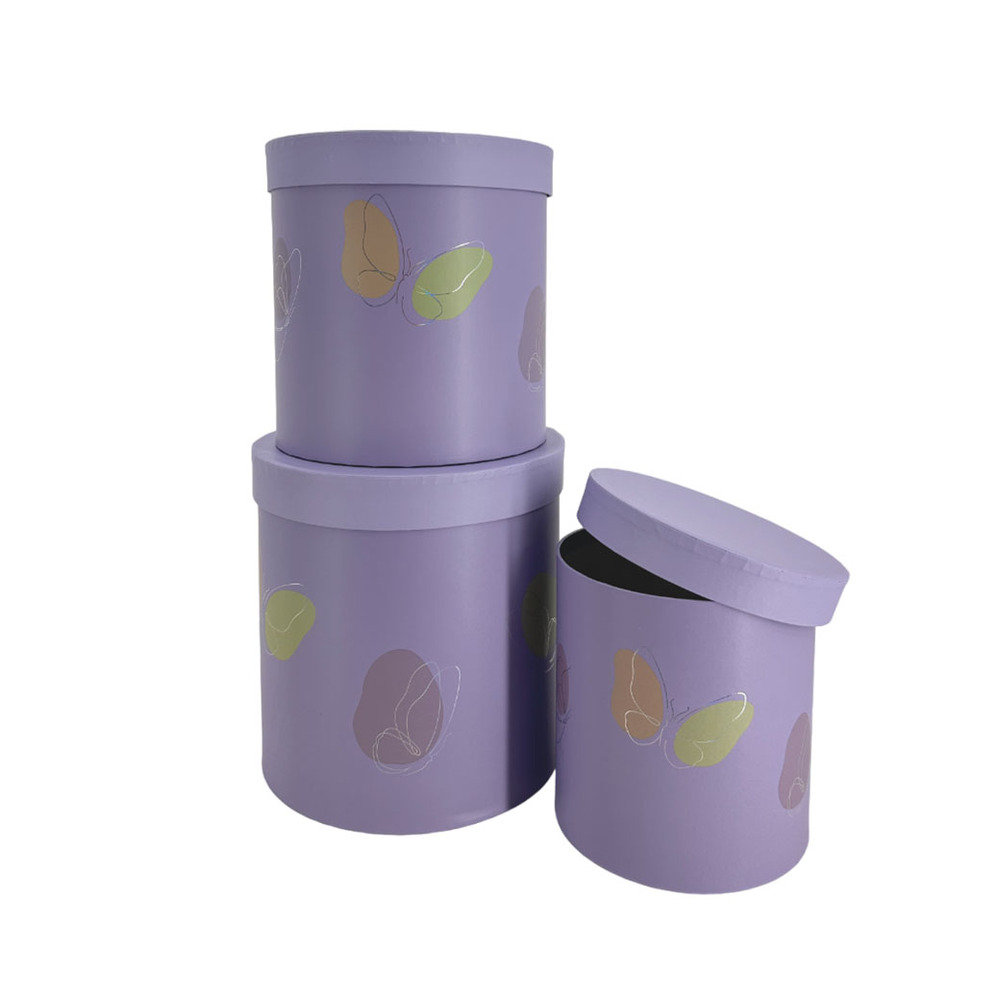 Коробка шляпная "Бабочки", D20xH20,5 см - D15xH15,5 см, набор (3 шт) Сиреневый