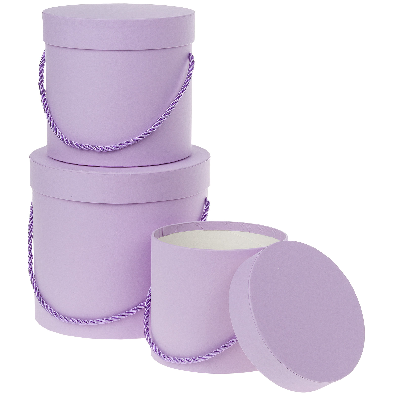 Коробка шляпная, D18,5xH17 см, D16xH15 см, D12xH12 см, набор (3 шт), с крышкой, с ручкой Сиреневый