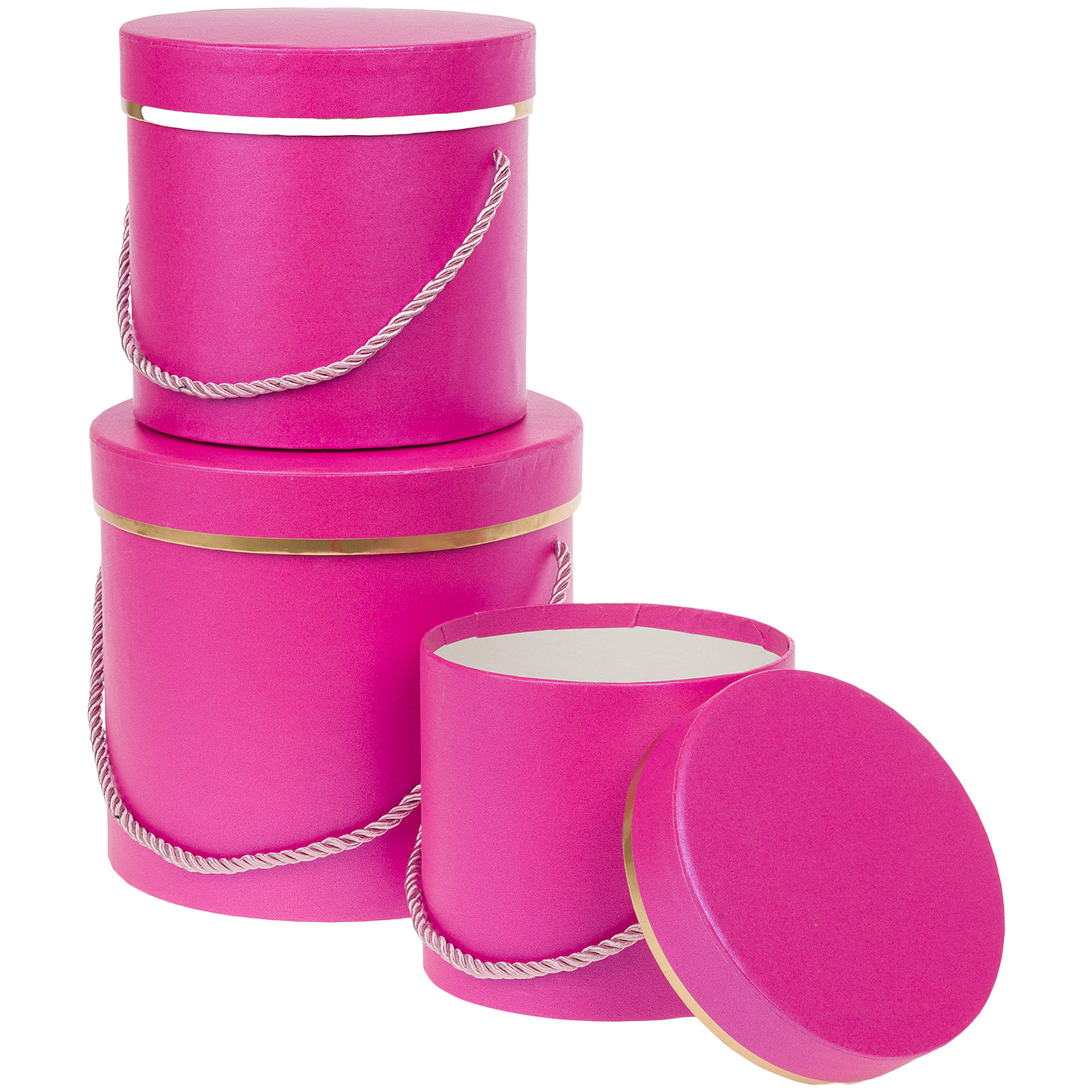 Коробка шляпная, D18,5xH17 см, D16xH15 см, D12xH12 см, набор (3 шт), с крышкой, с ручкой Фуксия