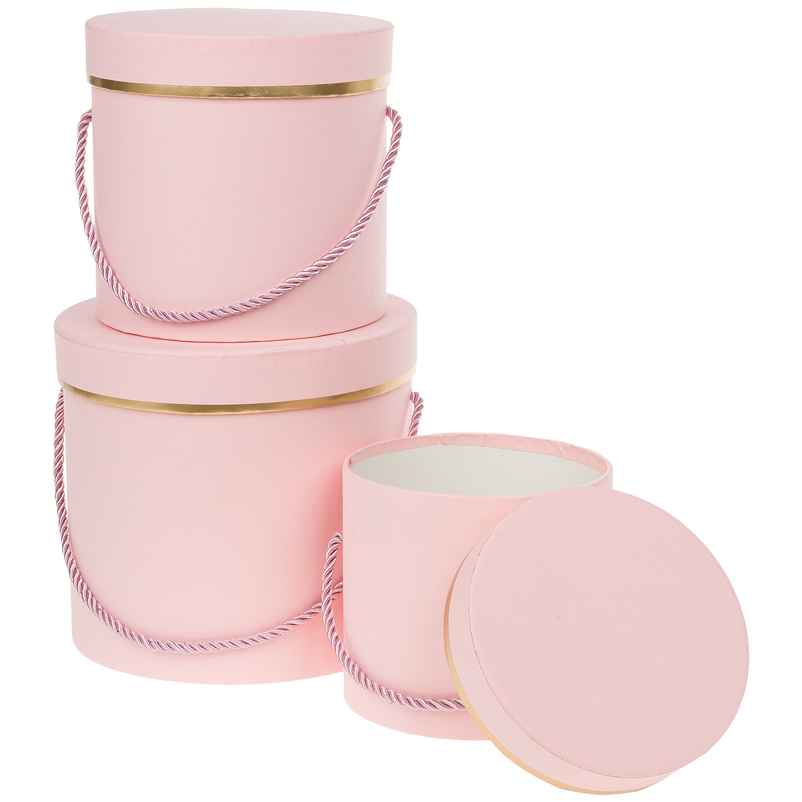 Коробка шляпная, D18,5xH17 см - D12xH12 см, набор (3 шт), с ручкой Розовый
