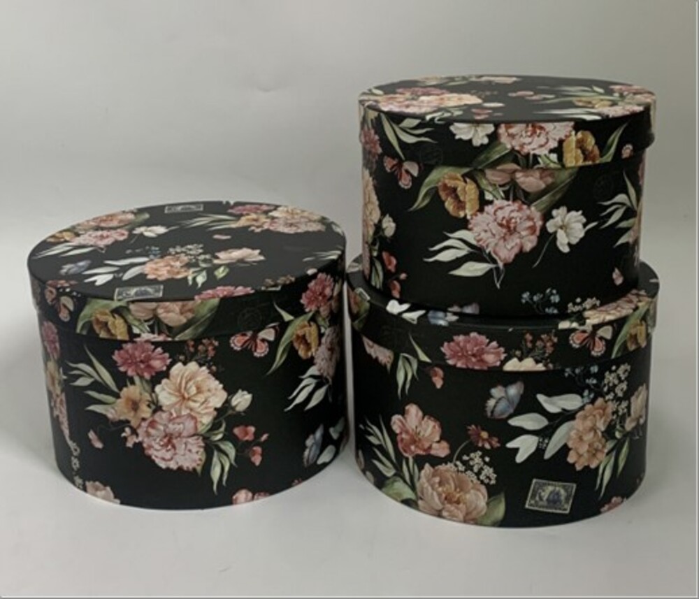 Коробка подарочная "Цветы", D24,5xH16 см, D22,5xH14,5 см, D20xH13 см, набор (3 шт) с крышкой Черный