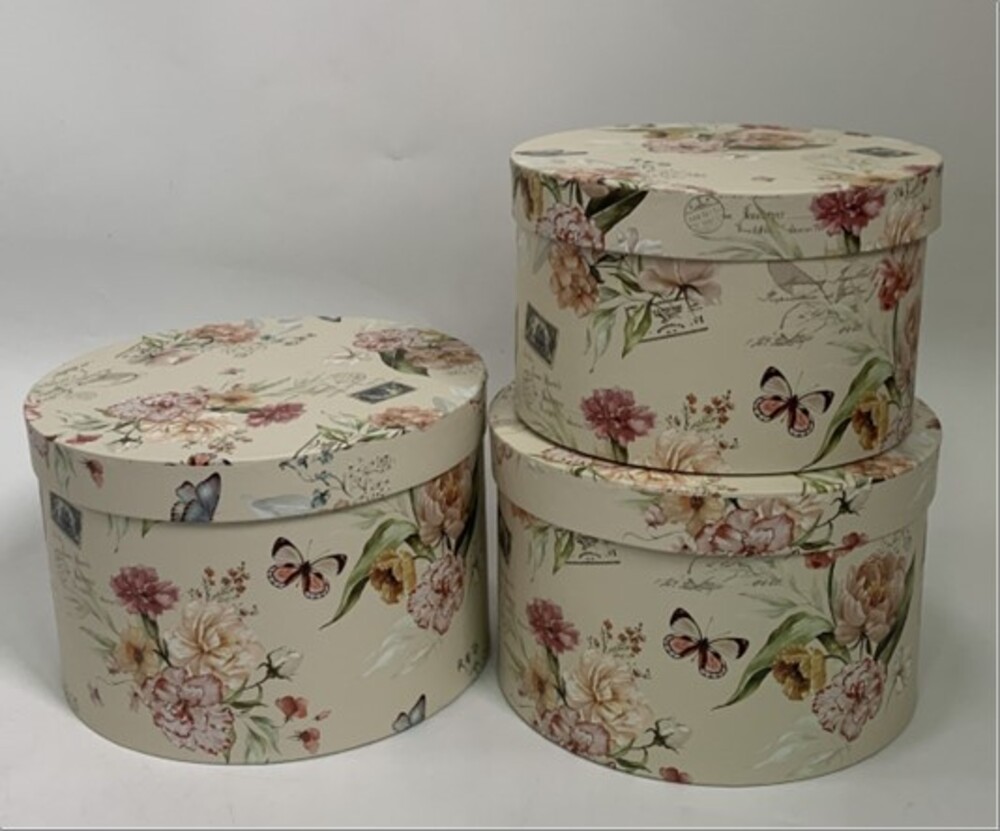 Коробка подарочная "Цветы", D24,5xH16 см, D22,5xH14,5 см, D20xH13 см, набор (3 шт) с крышкой Бежевый