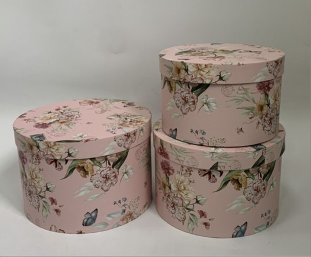 Коробка подарочная "Цветы", D24,5xH16 см, D22,5xH14,5 см, D20xH13 см, набор (3 шт) с крышкой Розовый
