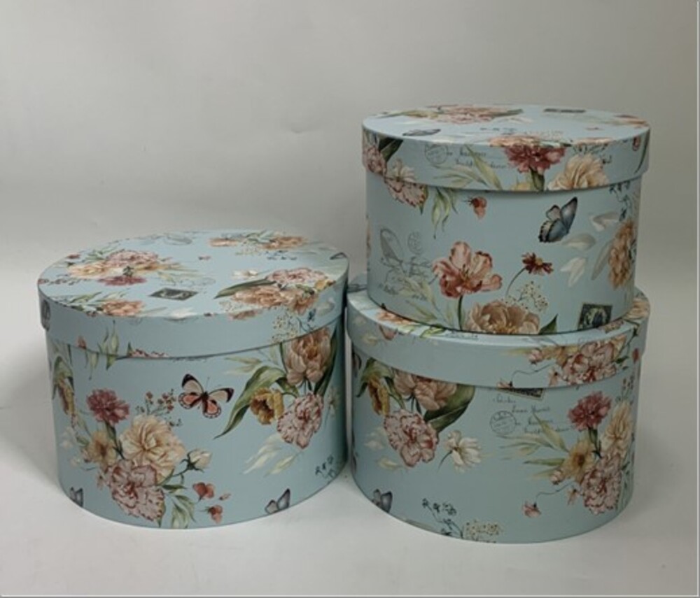 Коробка подарочная "Цветы", D24,5xH16 см, D22,5xH14,5 см, D20xH13 см, набор (3 шт) с крышкой Голубой