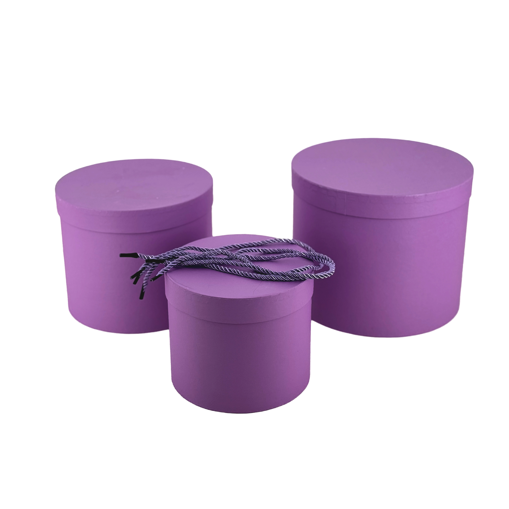 Коробка шляпная, D23xH19,5 см, D18,5xH17 см, D16xH15 см, набор (3 шт), с крышкой, ручкой Сиреневый