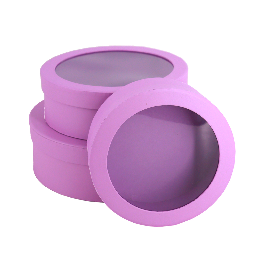 Коробка шляпная, D25хH8 см, D21хH7 см, D18х6 см, набор (3 шт), с окном Фиолетовый