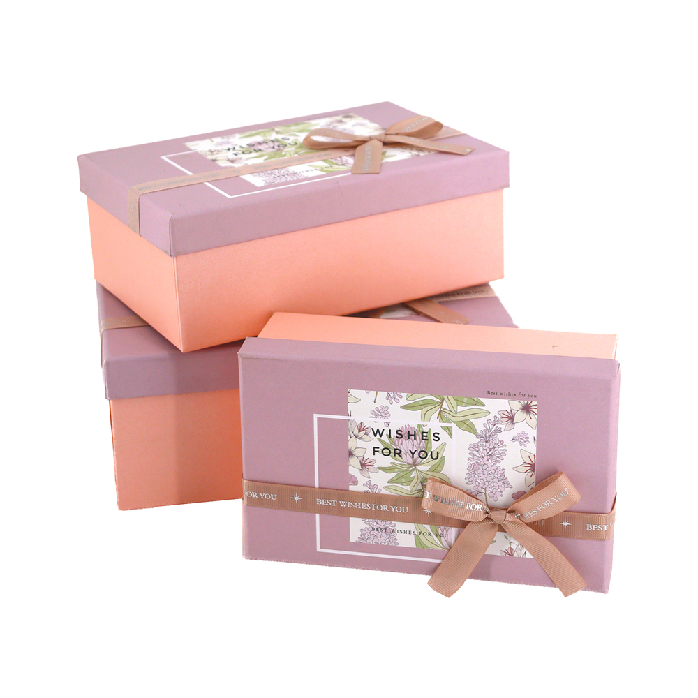 Коробка подарочная, 23x16xH10 см, 21x14xH8 см, 19x12xH6,5 см, набор (3 шт), с бантом Розовый