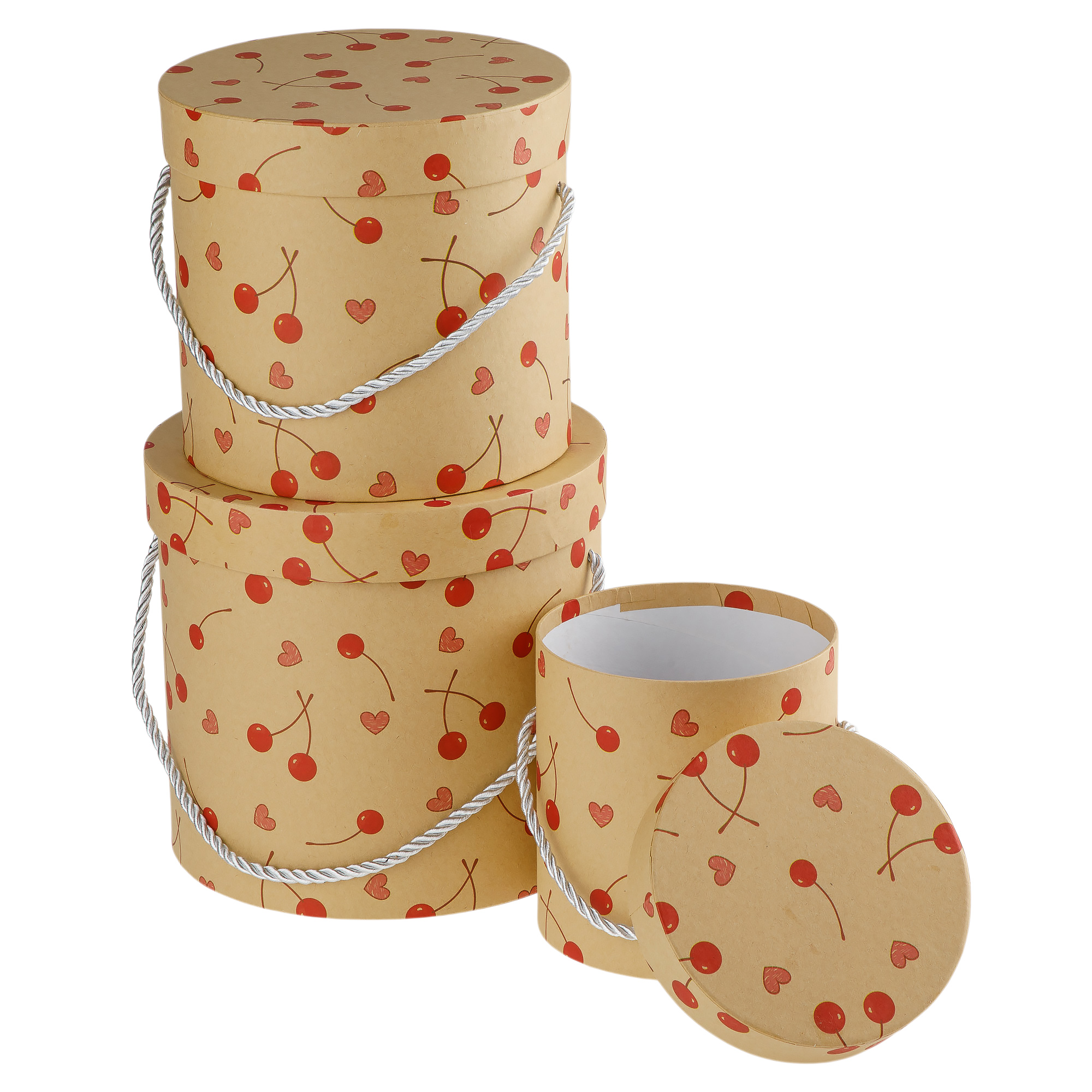 Коробка шляпная "Cherry", D18,5хH17 см, D16хH15 см, D12хH12 см, набор (3 шт) Светло-коричневый