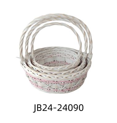 Корзина плетеная (ива), D35xH14/34 см - D24xH10/26 см, набор (3 шт) Белый-розовый