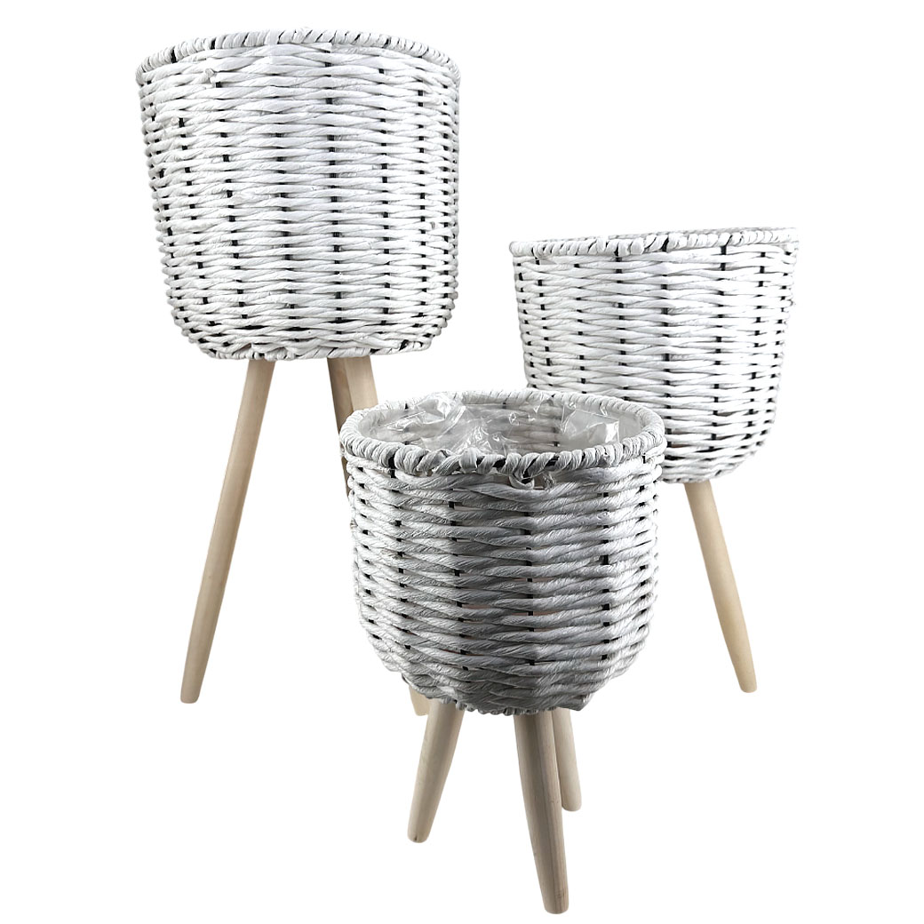 Кашпо плетеное (трава), D25xH22,5/59 см - D20,5xH19/34 см, набор (3 шт), на ножках Белый