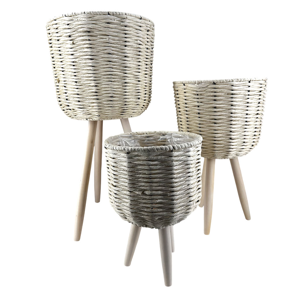 Кашпо плетеное (трава), D20,5xH19/34 см - D25xH22,5/59 см, набор (3 шт), на ножках Кремовый