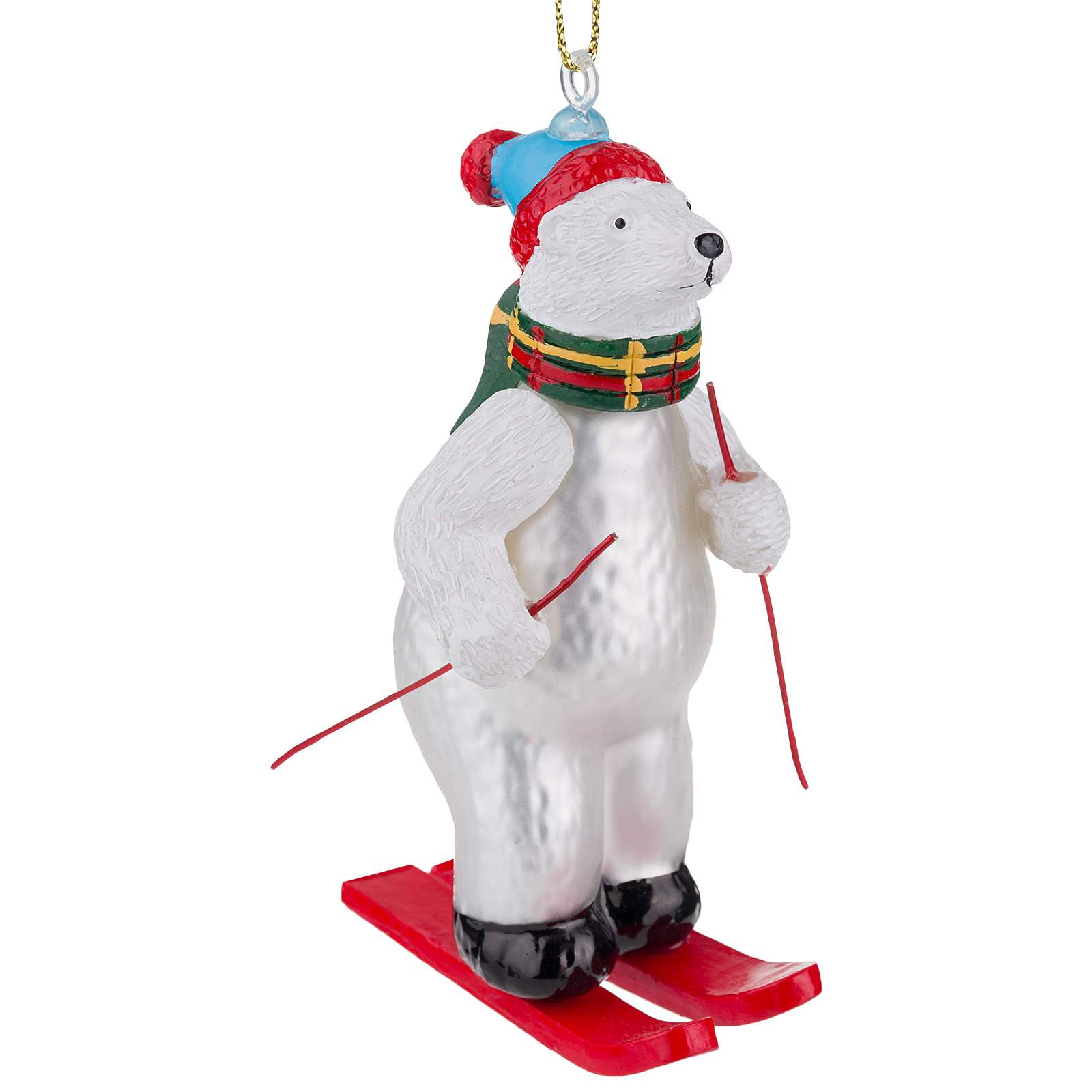 Елочная игрушка "Медведь на лыжах" (стекло), 6x4,5xH9 см Белый