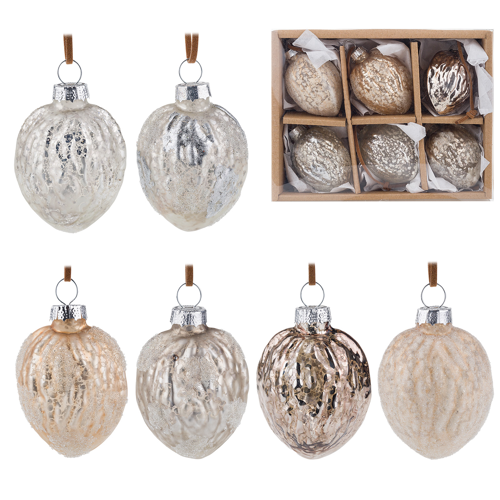 Елочная игрушка "Орех" (стекло), 4,5xH5 см, набор (6 шт), в асс. В ассортименте
