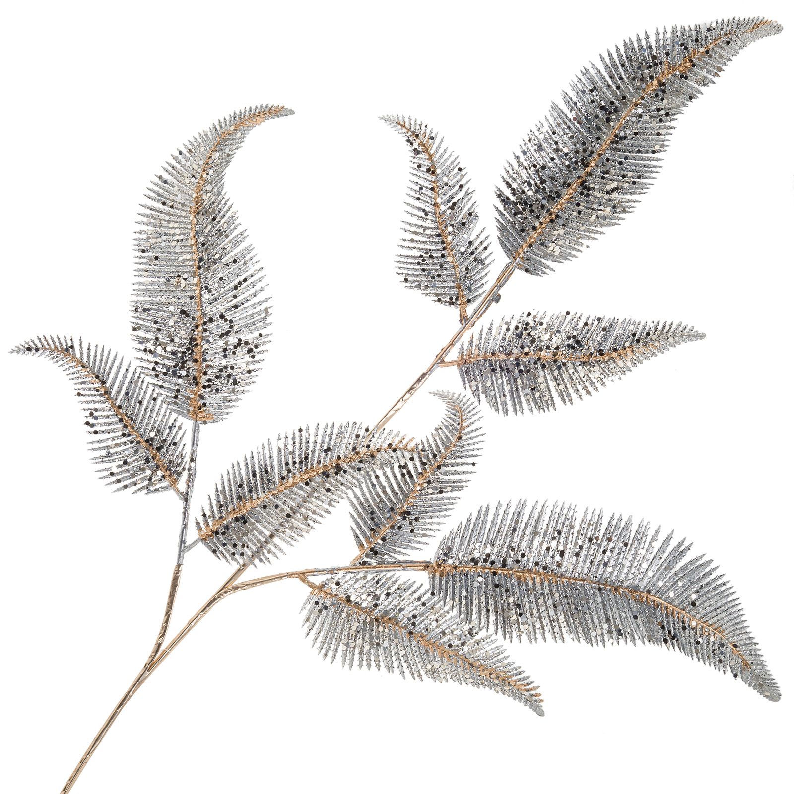Ветка искусственная "Папоротник" (пластик), H81 см, с глиттером Серебряный