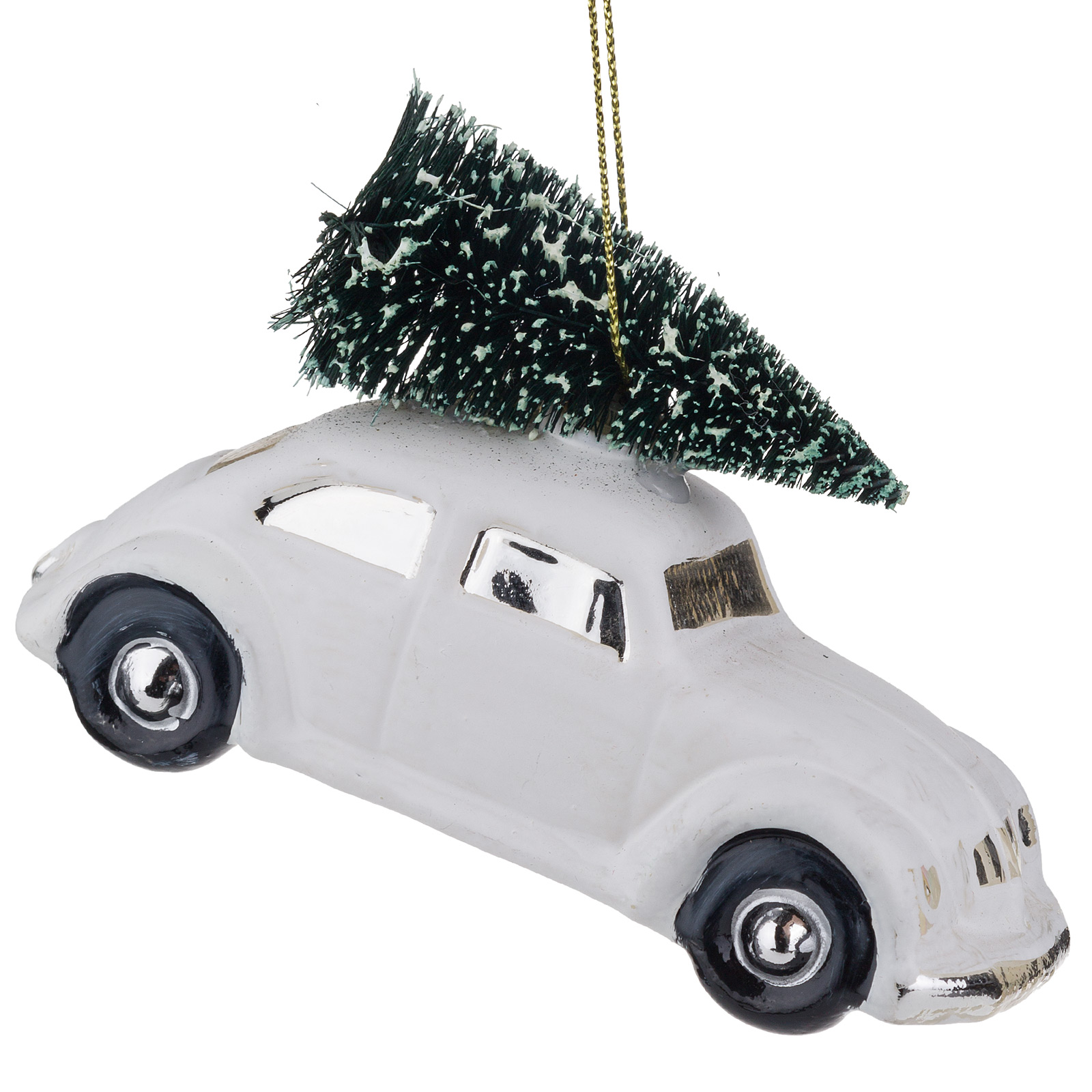 Елочная игрушка "Машинка с елкой" (стекло), 11x4xH6,5 см Белый