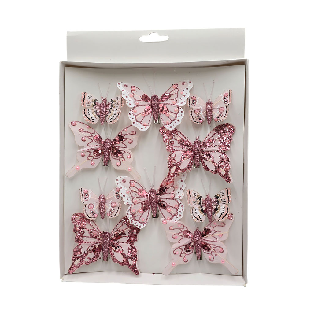 Бабочка на клипе (перо), H5-8 см, набор (10 шт), в асс. Розовый