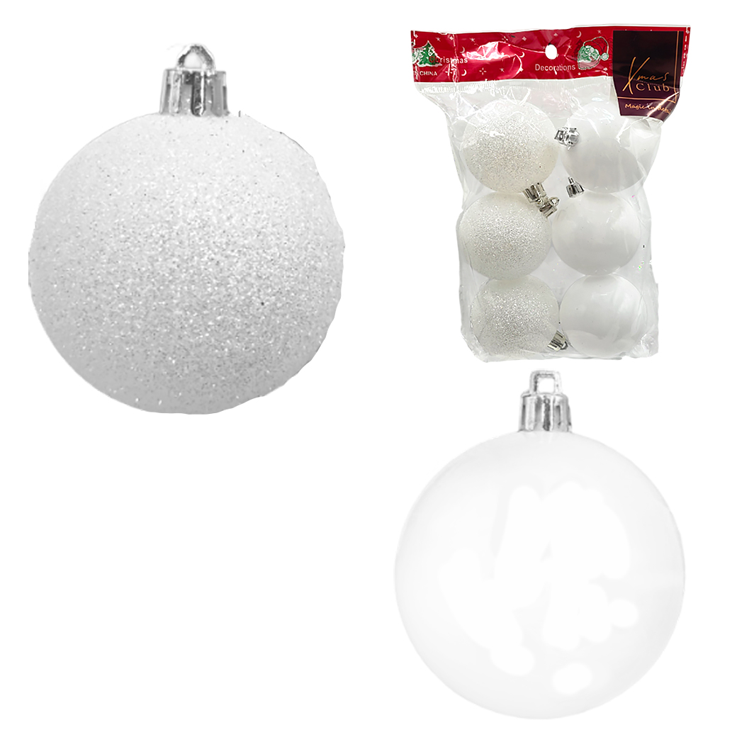 Елочная игрушка "Шар" (пластик), D8 см, набор (6 шт), в асс. Белый