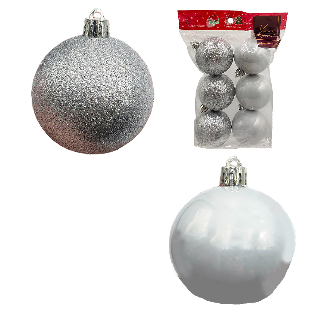 Елочная игрушка "Шар" (пластик), D6 см, набор (6 шт), в асс. Серебряный