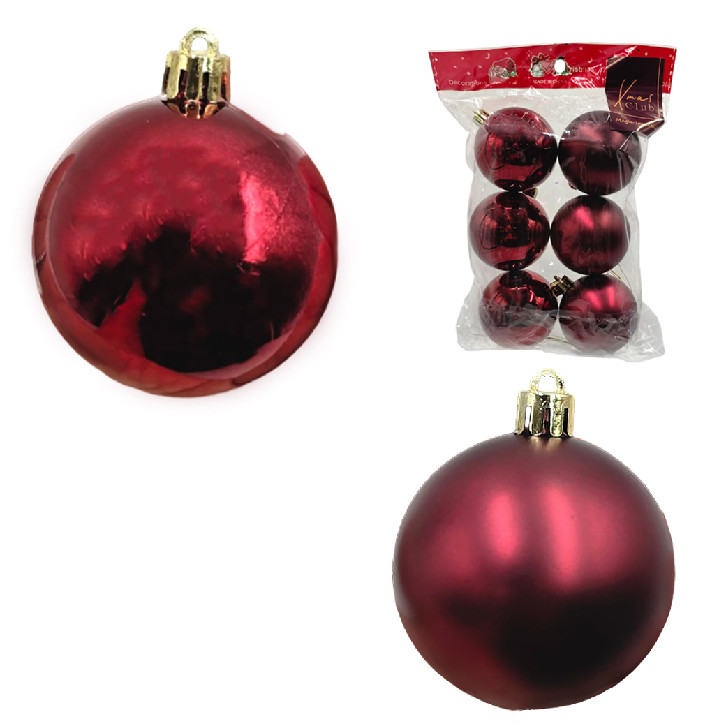 Елочная игрушка "Шар" (пластик), D8 см, набор (6 шт), в асс. Бордовый