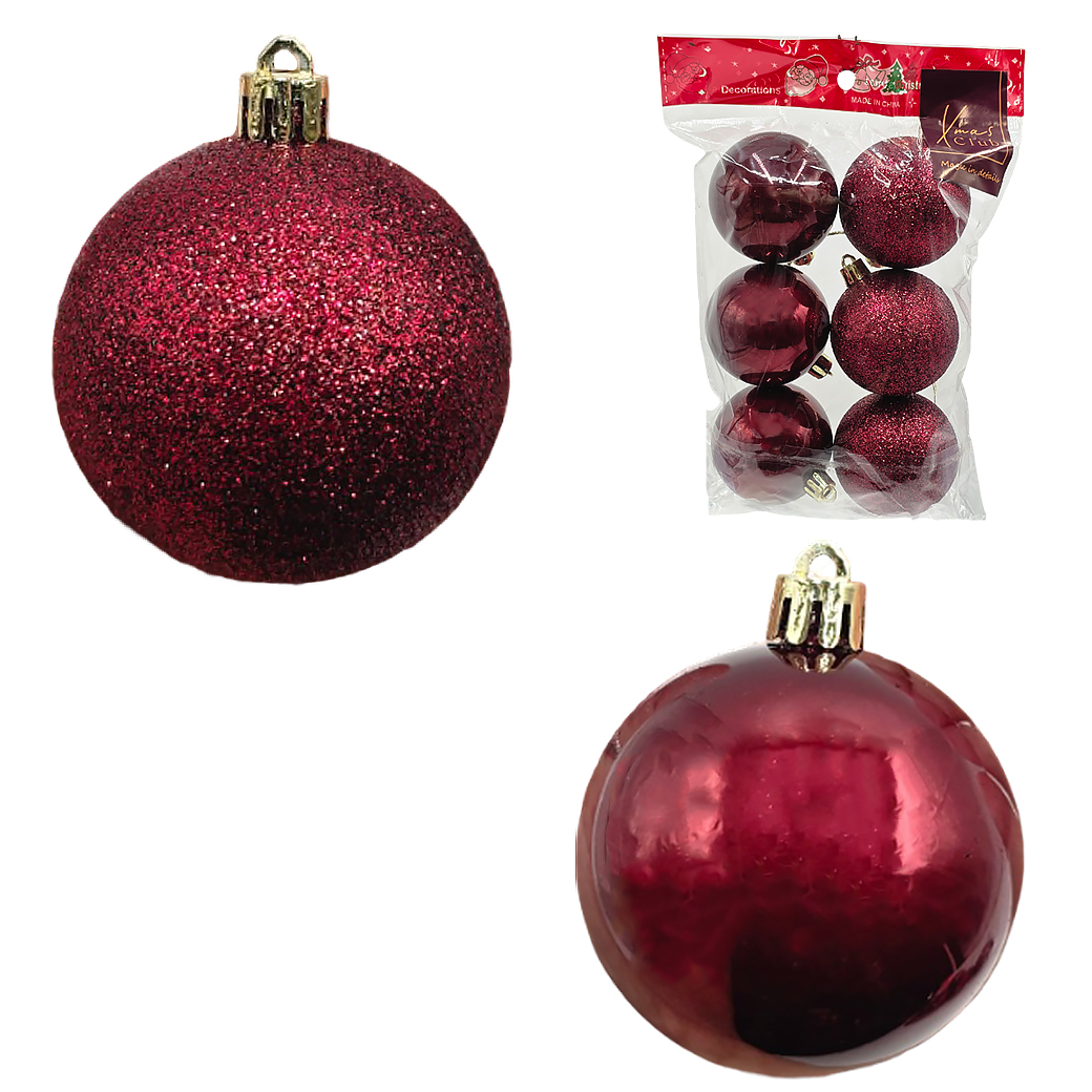 Елочная игрушка "Шар" (пластик), D6 см, набор (6 шт), в асс. Бордовый