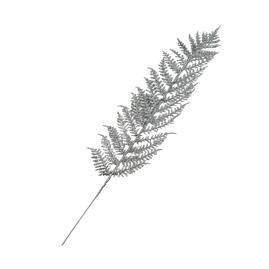 Ветка искусственная "Папоротник" (пластик), H55 см, с глиттером Серебряный