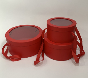 Коробка шляпная, D26,5xH12 см - D18,5xH10 см, набор (3 шт), с окном, с ручками Красный