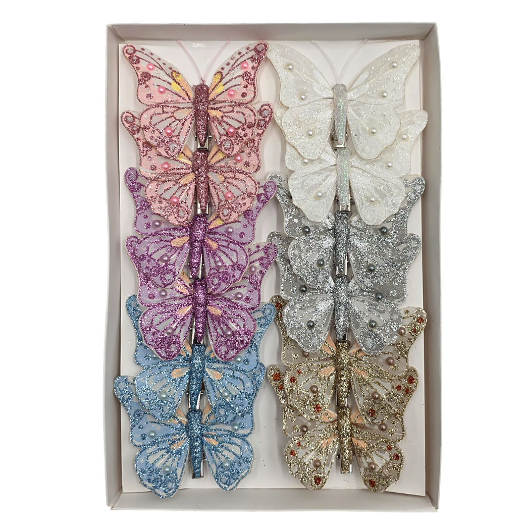 Бабочка декоративная на клипе (перо), H8 см, набор (12 шт), в асс.