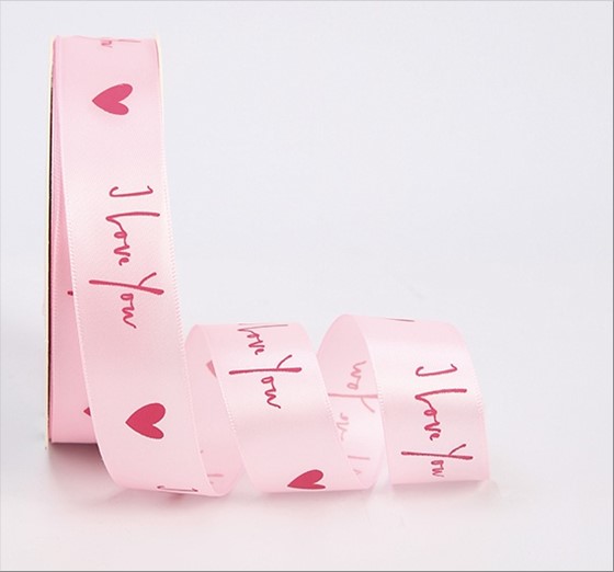 Лента атлас "I love you", 25 ммx20 ярд Розовый