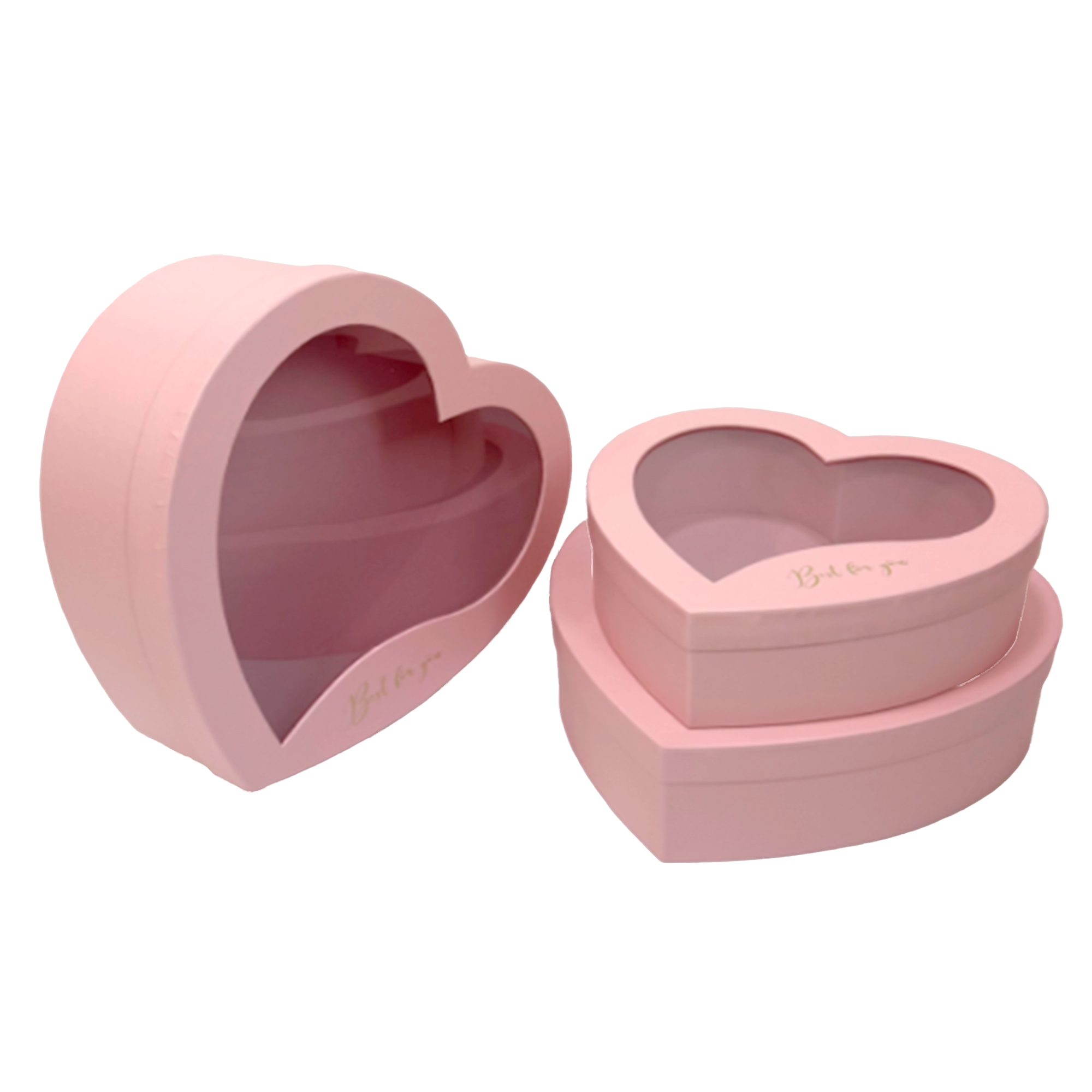 Коробка подарочная "Сердце", 31,5x30xH10 см - 23x22xH8 см, набор (3 шт), с окном Пудровый