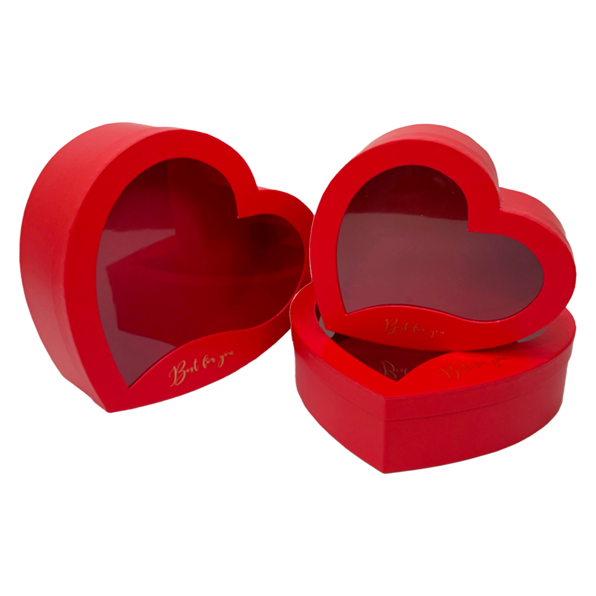 Коробка подарочная "Сердце", 31,5x30xH10 см - 23x22xH8 см, набор (3 шт), с окном Красный