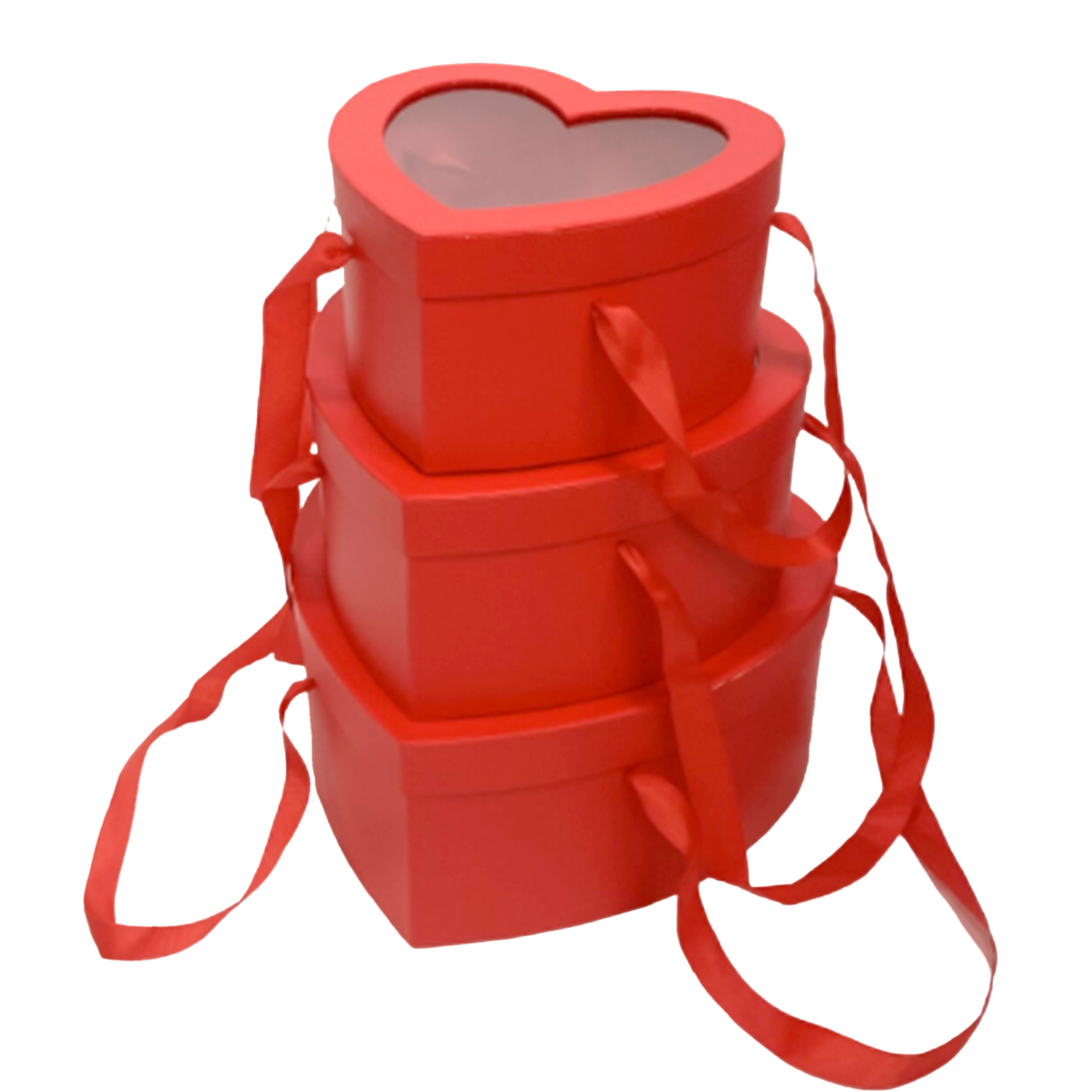 Коробка подарочная "Сердце", 26x25xH12 см - 18x15xH10 см, набор (3 шт), с окном, с ручками Красный