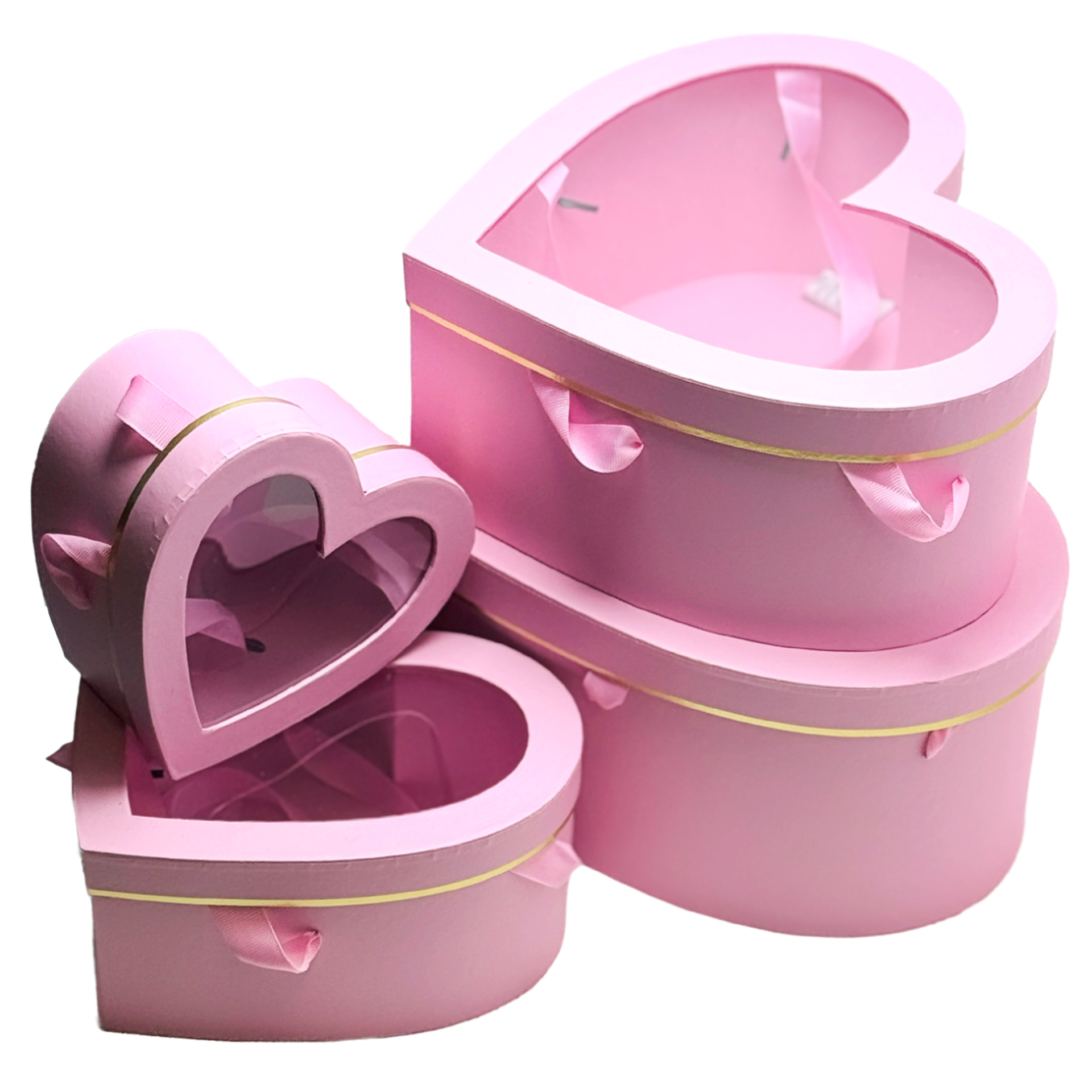 Коробка подарочная "Сердце", 32x30xH14,5 см - 17x16xH8,5 см, набор (4 шт), с окном Розовый-сиреневый