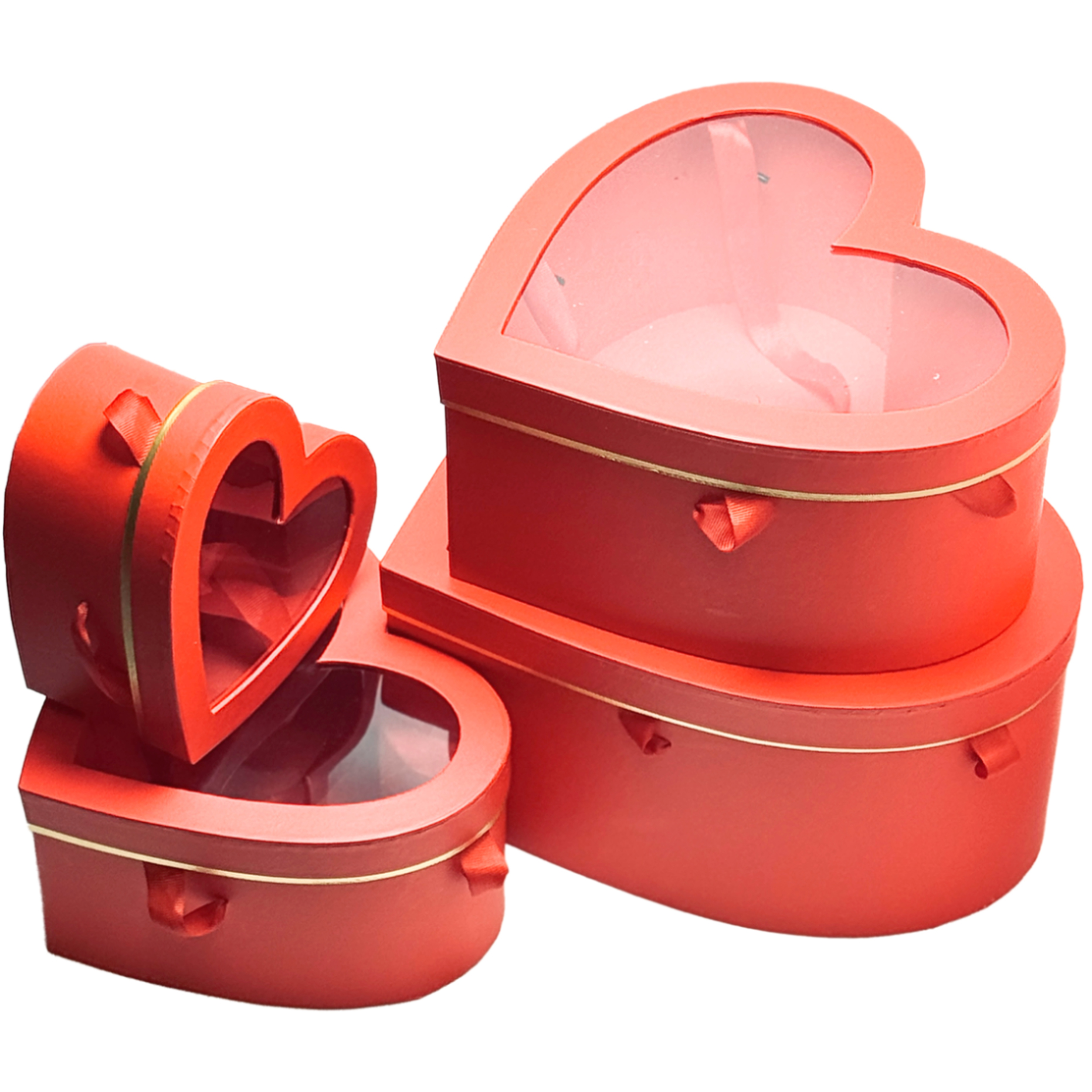 Коробка подарочная "Сердце", 32x30xH14,5 см - 17x16xH8,5 см, набор (4 шт), с окном Красный